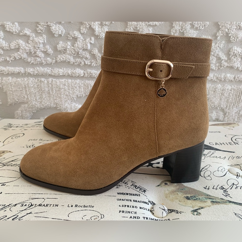 FINAL PRICE NWT Kate Spade ♠️ Bootie: Camel Suede, Zip, Logo Charm, Heel 10